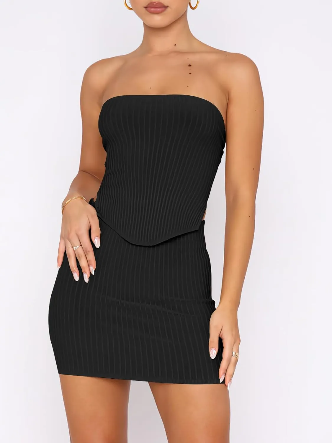 ANRABESS Women 2 Piece Skirt Sets Summer Strapless Crop Top Matching Bodycon Sexy Going Out Mini Club Dress Outfit Clothes