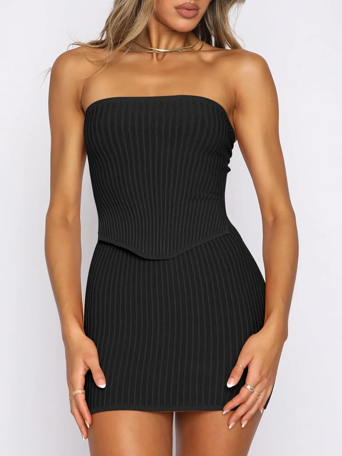 ANRABESS Women 2 Piece Skirt Sets Summer Strapless Crop Top Matching Bodycon Sexy Going Out Mini Club Dress Outfit Clothes
