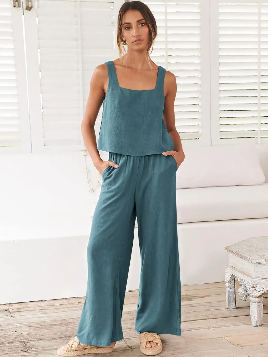 ANRABESS Women's 2 Piece Outfits Linen Pants Jumpsuit Matching Lounge Set Casual Summer Beach Vacation Trendy Clothes