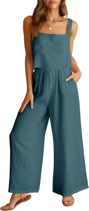 ANRABESS Women's 2 Piece Outfits Linen Pants Jumpsuit Matching Lounge Set Casual Summer Beach Vacation Trendy Clothes