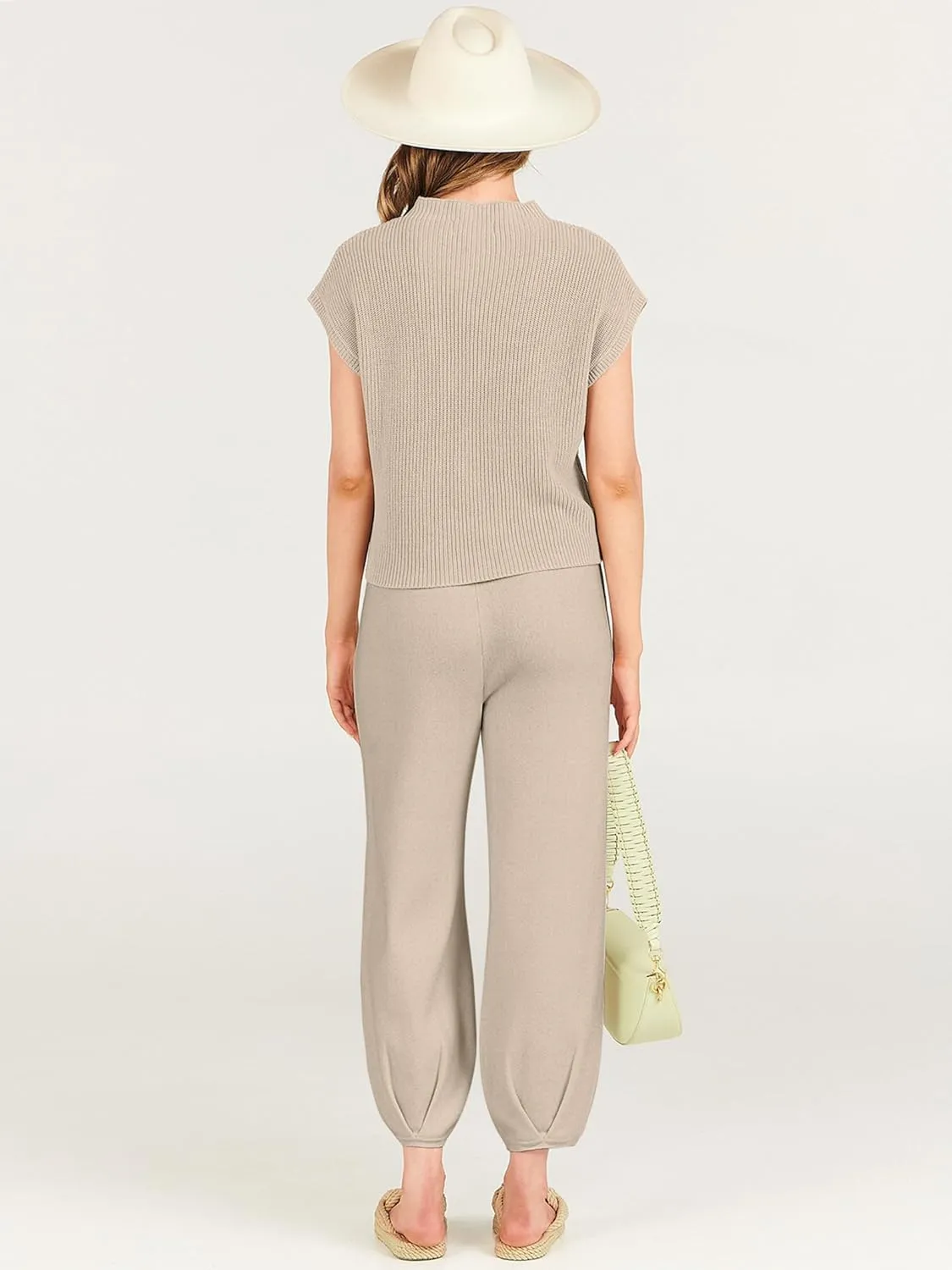 ANRABESS Women's Two Piece Outfits Knit Sweater Vest Crop Top Pants Lounge Matching Tracksuit Sweatsuit Travel Clothes Sets