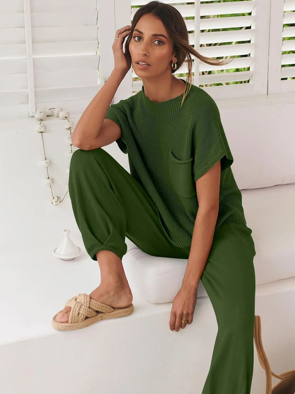ANRABESS Women's Two Piece Outfits Knit Sweater Vest Crop Top Pants Lounge Matching Tracksuit Sweatsuit Travel Clothes Sets