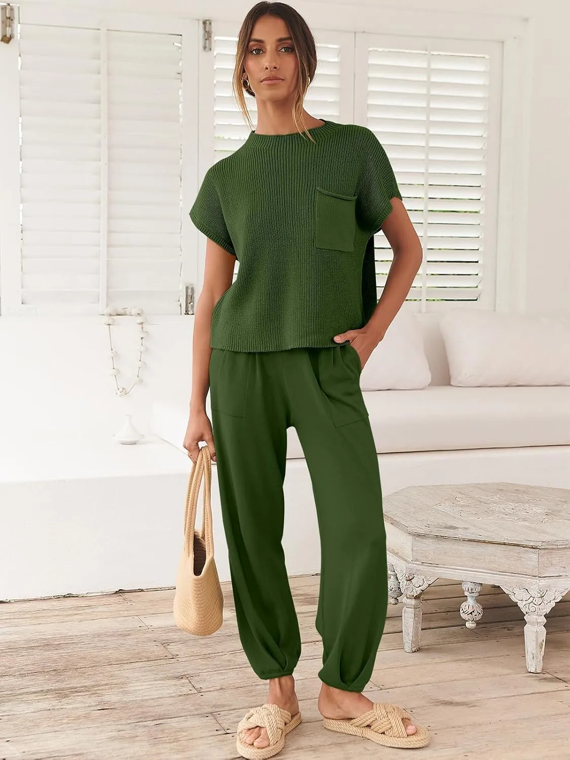 ANRABESS Women's Two Piece Outfits Knit Sweater Vest Crop Top Pants Lounge Matching Tracksuit Sweatsuit Travel Clothes Sets