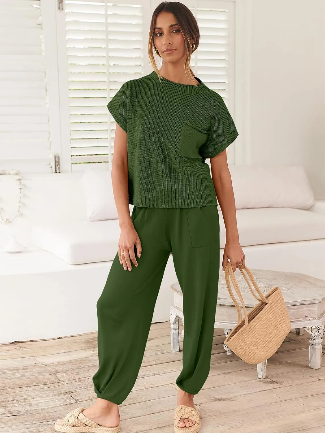 ANRABESS Women's Two Piece Outfits Knit Sweater Vest Crop Top Pants Lounge Matching Tracksuit Sweatsuit Travel Clothes Sets