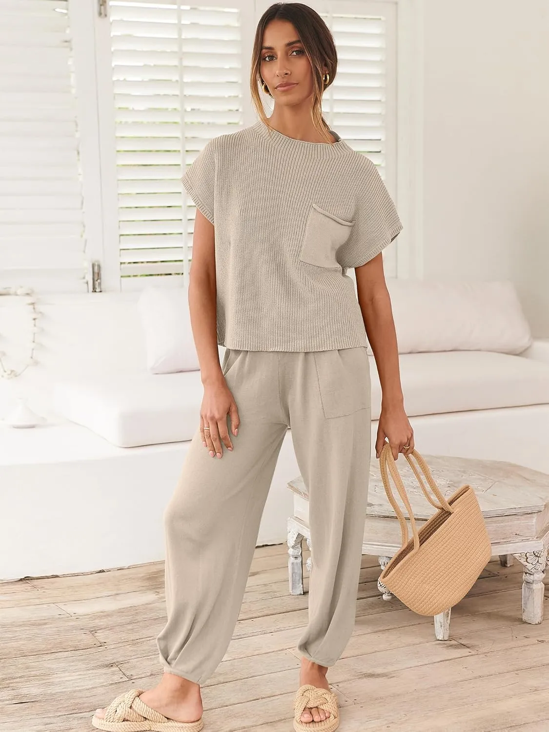 ANRABESS Women's Two Piece Outfits Knit Sweater Vest Crop Top Pants Lounge Matching Tracksuit Sweatsuit Travel Clothes Sets