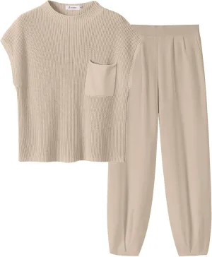 ANRABESS Women's Two Piece Outfits Knit Sweater Vest Crop Top Pants Lounge Matching Tracksuit Sweatsuit Travel Clothes Sets