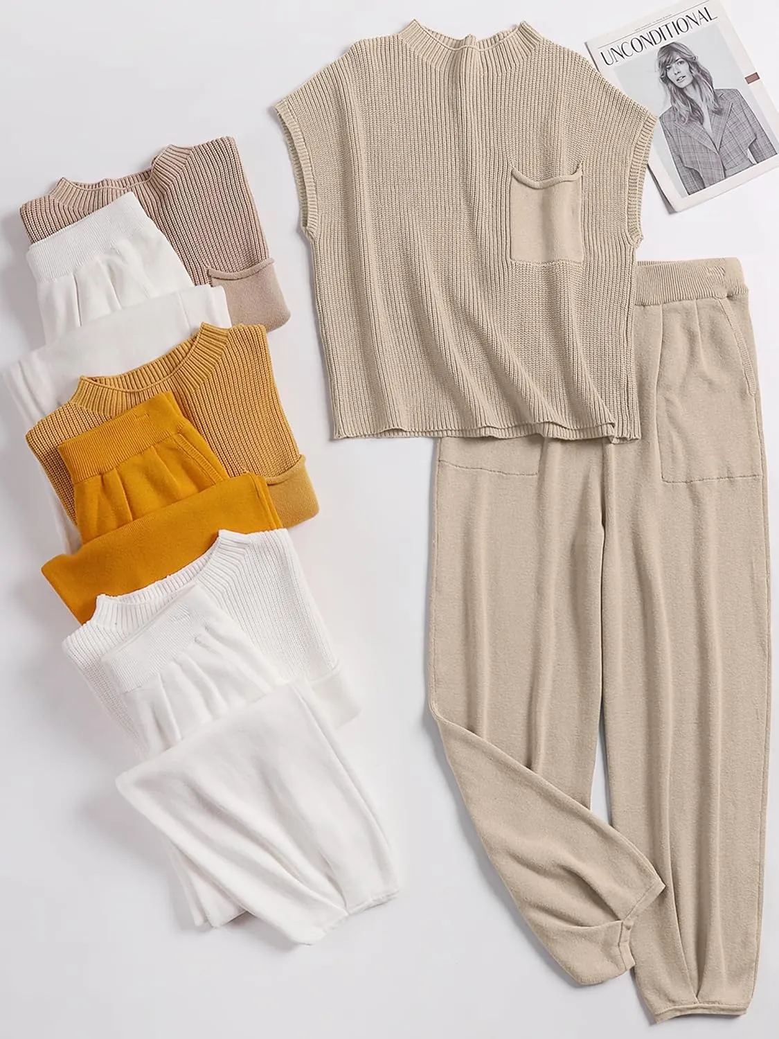 ANRABESS Women's Two Piece Outfits Knit Sweater Vest Crop Top Pants Lounge Matching Tracksuit Sweatsuit Travel Clothes Sets