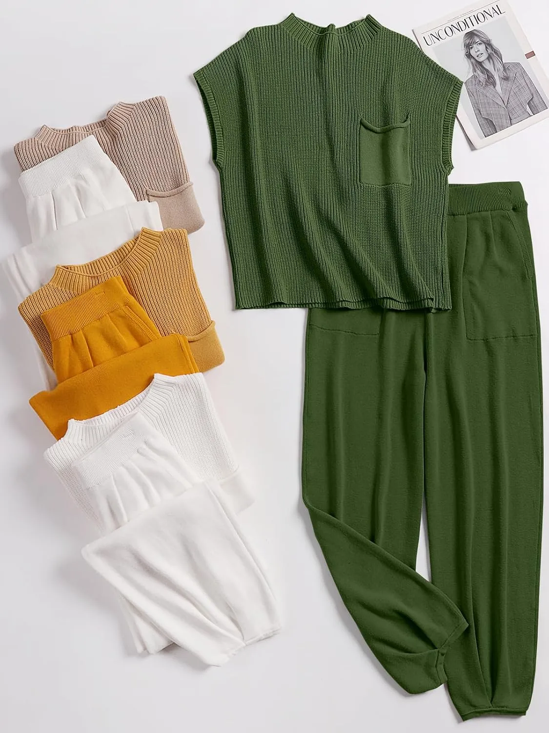 ANRABESS Women's Two Piece Outfits Knit Sweater Vest Crop Top Pants Lounge Matching Tracksuit Sweatsuit Travel Clothes Sets