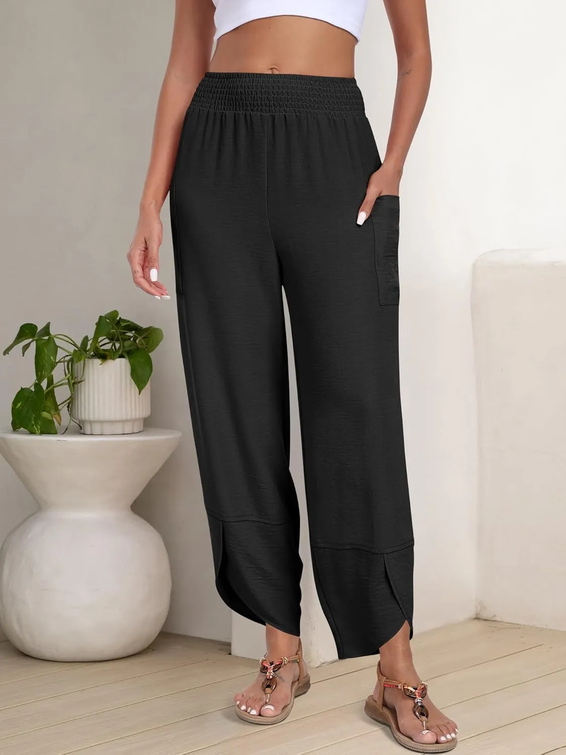 ANRABESS Womens Wide Leg Palazzo Capri Pants 2025 Summer Casual Loose High Waisted Lounge Flowy Cropped Beach Work Trousers