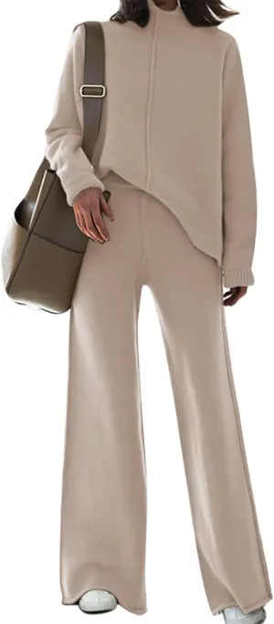 AOHITE Womens 2 Piece Outfit Set Long Sleeve Knit Pullover Sweater Top and Wide Leg Pants Sweatsuit