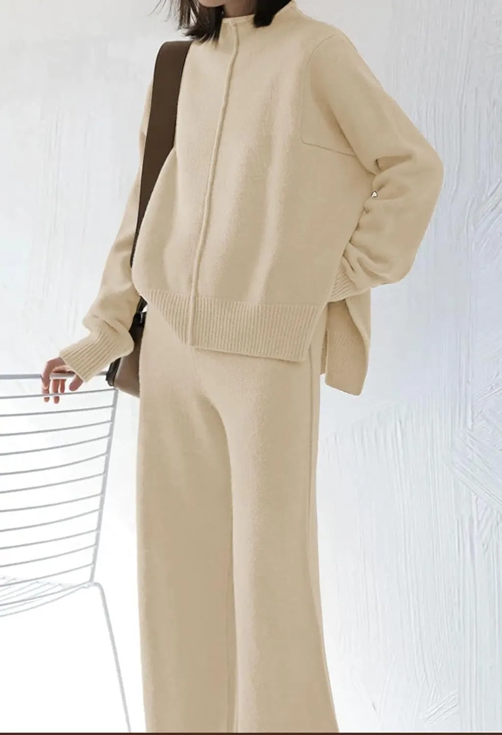 AOHITE Womens 2 Piece Outfit Set Long Sleeve Knit Pullover Sweater Top and Wide Leg Pants Sweatsuit