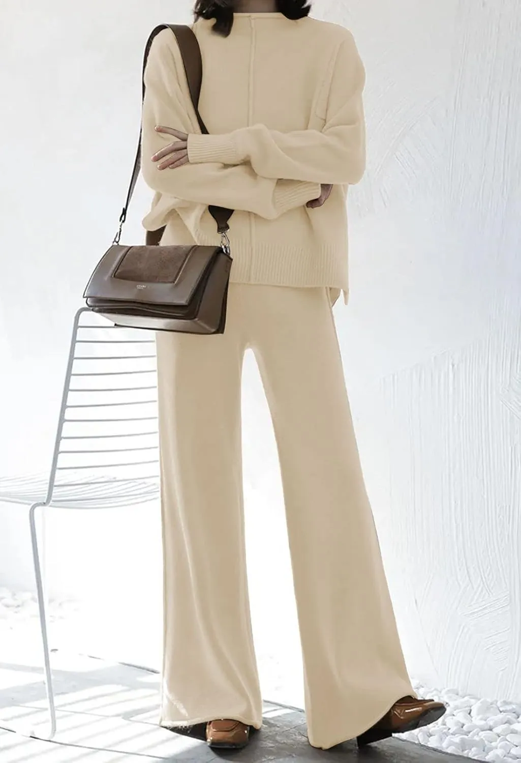 AOHITE Womens 2 Piece Outfit Set Long Sleeve Knit Pullover Sweater Top and Wide Leg Pants Sweatsuit