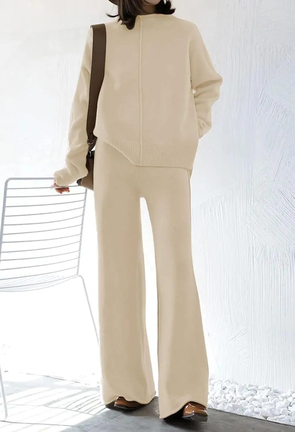 AOHITE Womens 2 Piece Outfit Set Long Sleeve Knit Pullover Sweater Top and Wide Leg Pants Sweatsuit