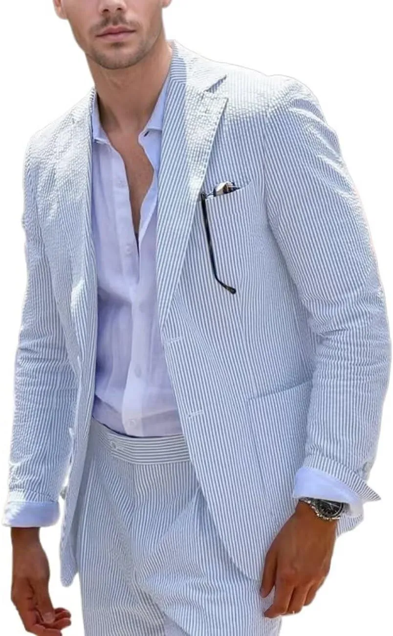 Aowdoy Blue Seersucker Suits 2 Piece Casual Summer Beach Men Suits Wedding Grooms Jacket Pants Striped Suit Set