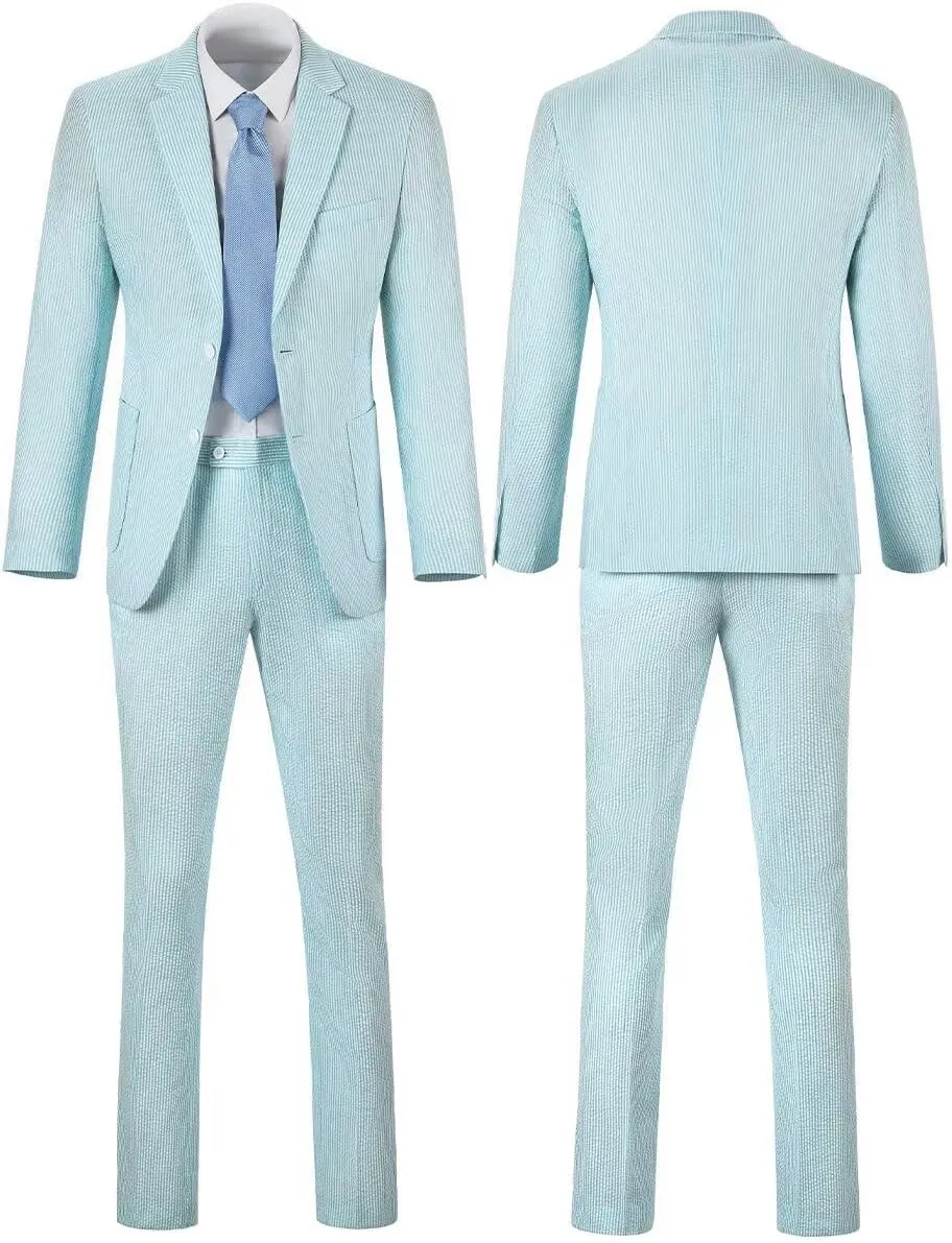 Aowdoy Blue Seersucker Suits 2 Piece Casual Summer Beach Men Suits Wedding Grooms Jacket Pants Striped Suit Set