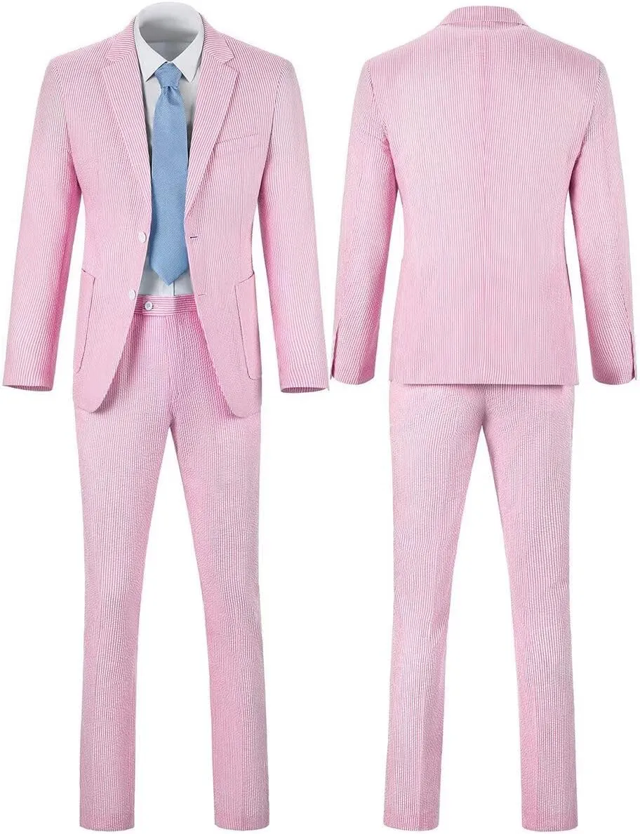 Aowdoy Blue Seersucker Suits 2 Piece Casual Summer Beach Men Suits Wedding Grooms Jacket Pants Striped Suit Set