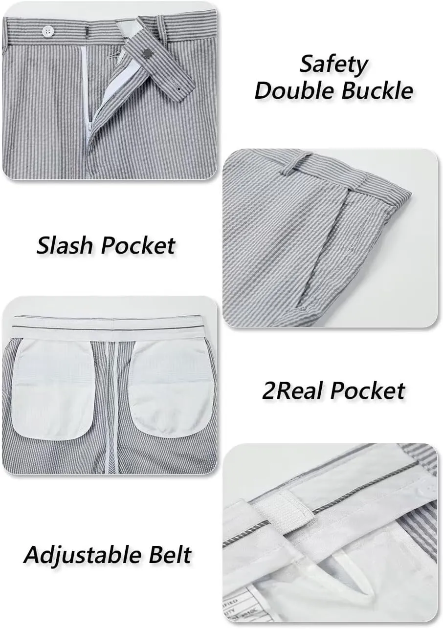 Aowdoy Blue Seersucker Suits 2 Piece Casual Summer Beach Men Suits Wedding Grooms Jacket Pants Striped Suit Set