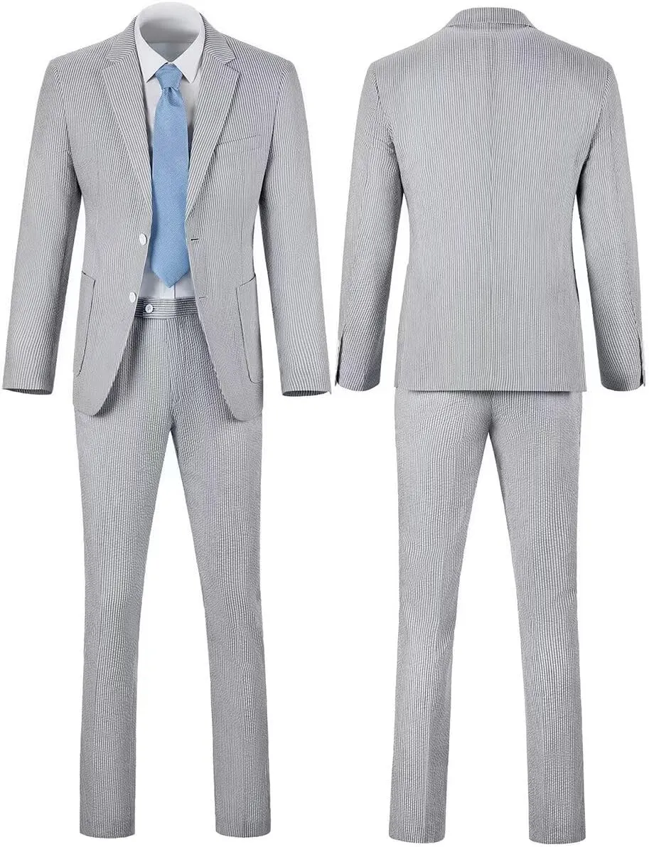 Aowdoy Blue Seersucker Suits 2 Piece Casual Summer Beach Men Suits Wedding Grooms Jacket Pants Striped Suit Set
