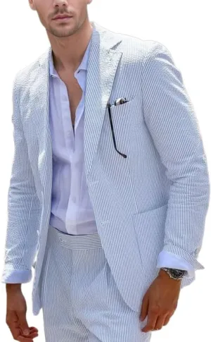 Aowdoy Blue Seersucker Suits 2 Piece Casual Summer Beach Men Suits Wedding Grooms Jacket Pants Striped Suit Set