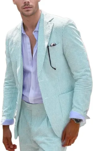 Aowdoy Blue Seersucker Suits 2 Piece Casual Summer Beach Men Suits Wedding Grooms Jacket Pants Striped Suit Set