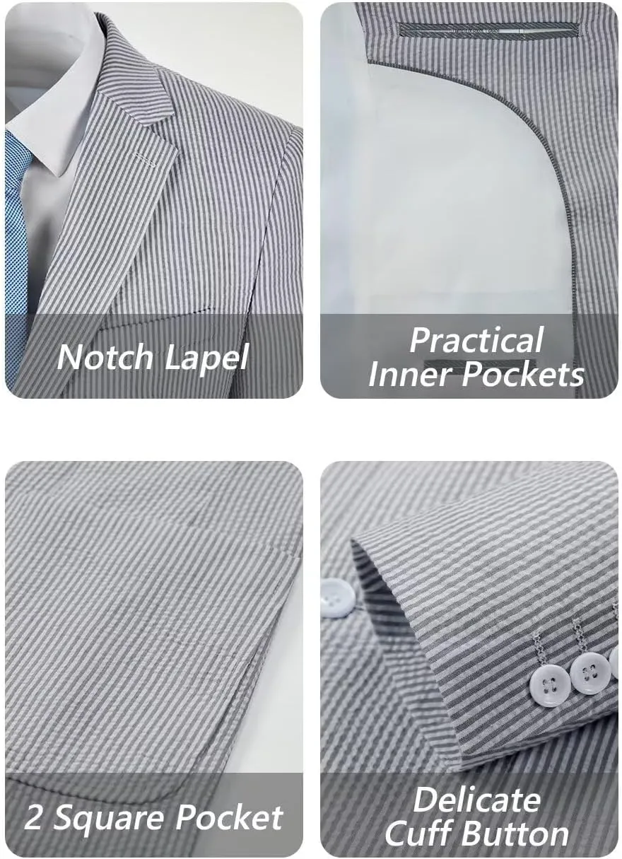 Aowdoy Blue Seersucker Suits 2 Piece Casual Summer Beach Men Suits Wedding Grooms Jacket Pants Striped Suit Set