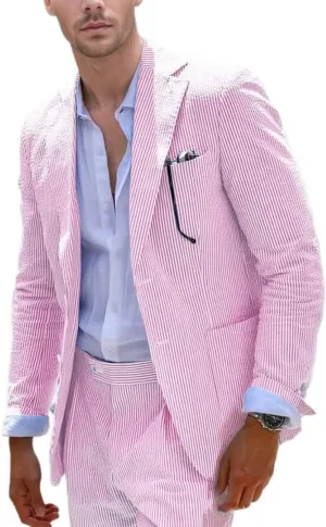 Aowdoy Blue Seersucker Suits 2 Piece Casual Summer Beach Men Suits Wedding Grooms Jacket Pants Striped Suit Set