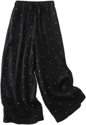 Bciopll Women's Summer Elastic Waist Casual Trousers Polka-Dot Wide-Leg Pants Loose Cotton Linen Pants