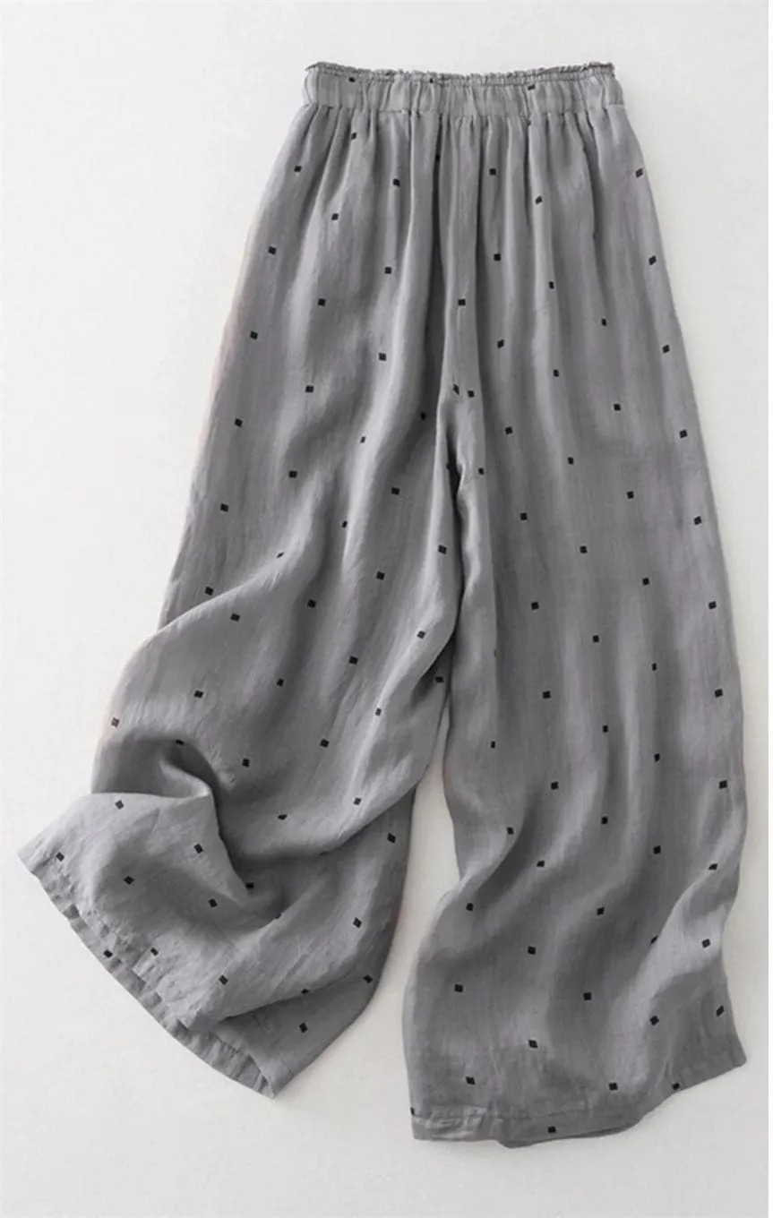 Bciopll Women's Summer Elastic Waist Casual Trousers Polka-Dot Wide-Leg Pants Loose Cotton Linen Pants