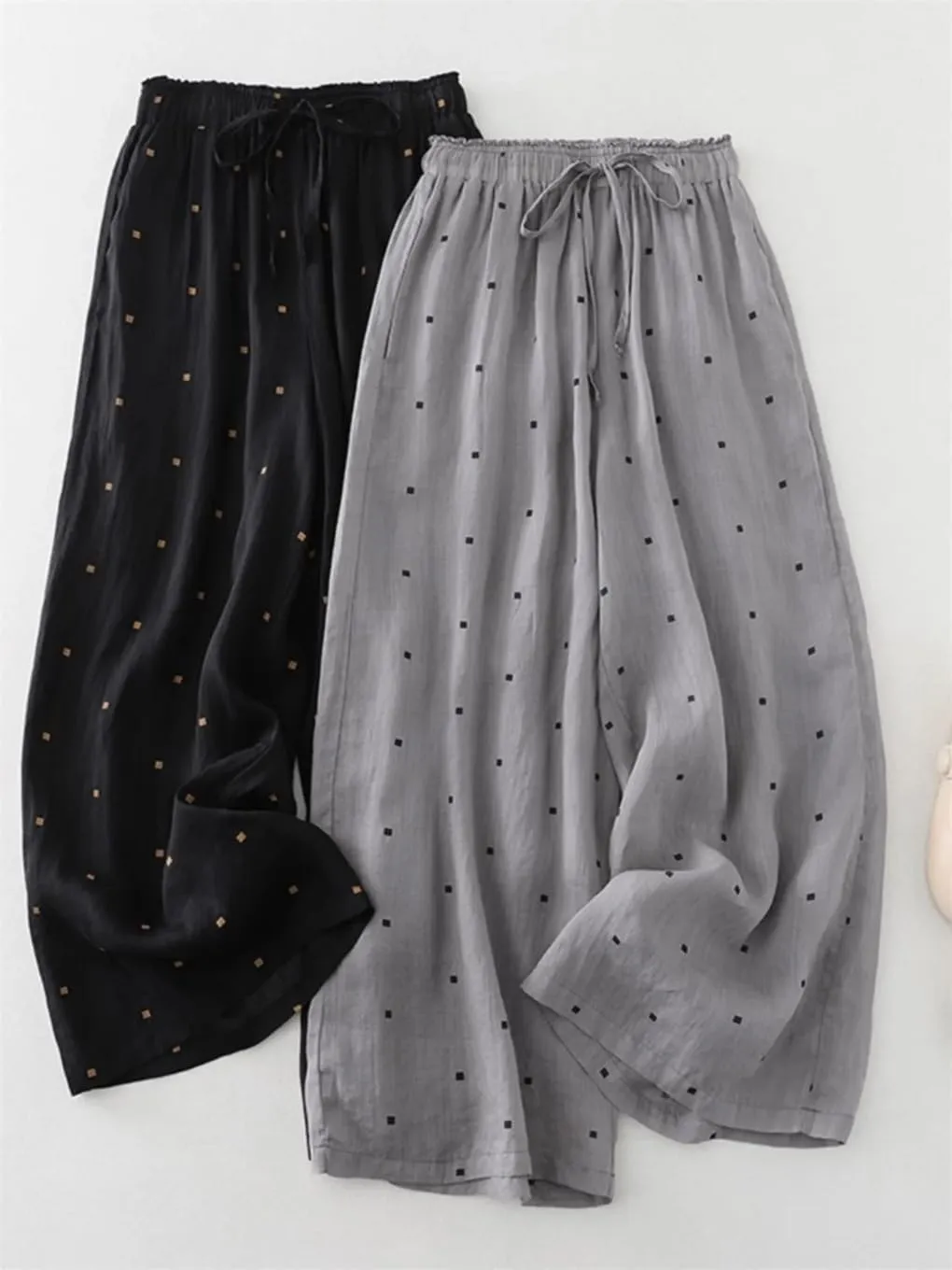 Bciopll Women's Summer Elastic Waist Casual Trousers Polka-Dot Wide-Leg Pants Loose Cotton Linen Pants