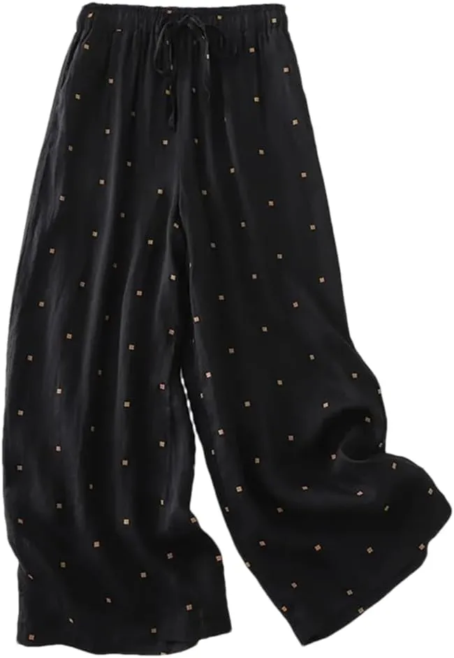Bciopll Women's Summer Elastic Waist Casual Trousers Polka-Dot Wide-Leg Pants Loose Cotton Linen Pants