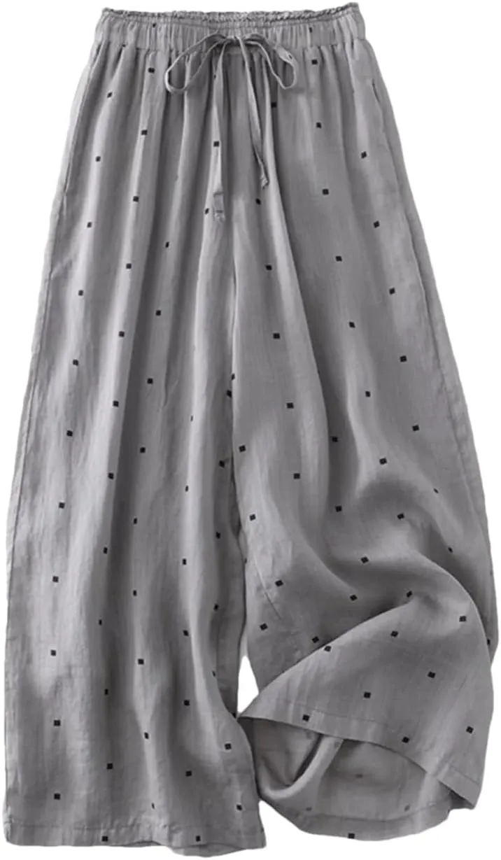 Bciopll Women's Summer Elastic Waist Casual Trousers Polka-Dot Wide-Leg Pants Loose Cotton Linen Pants