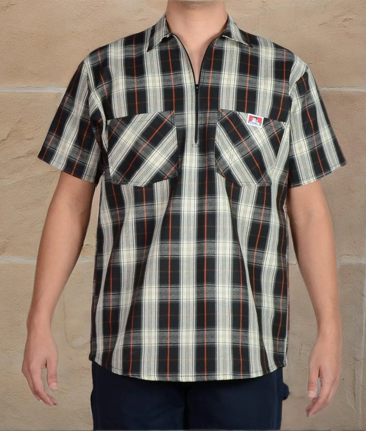 Ben Davis Men's Short Sleeve Plaid Half-Zip Work Shirt
