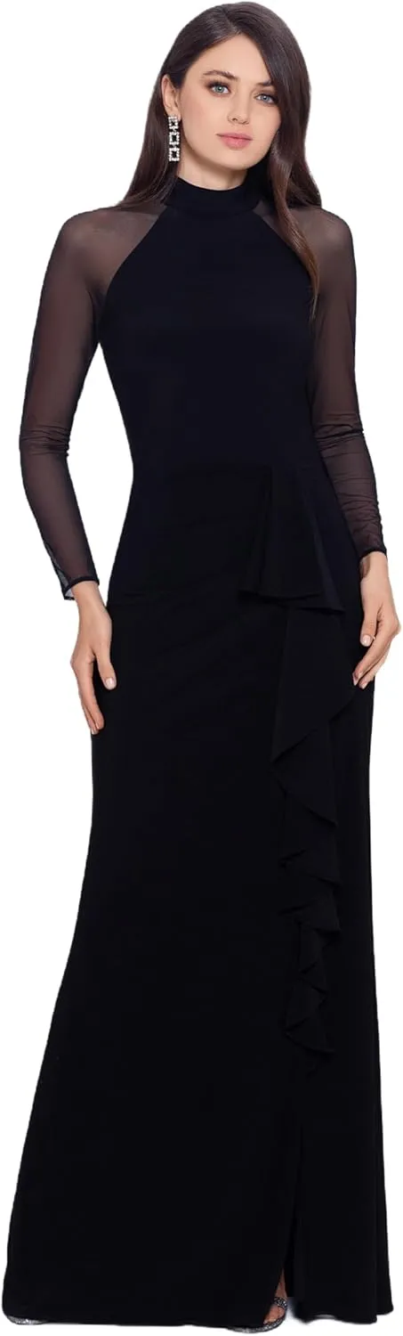 Betsy & Adam Women's Petite Long Stretch Illusion Sleeve Mock Neck Dress