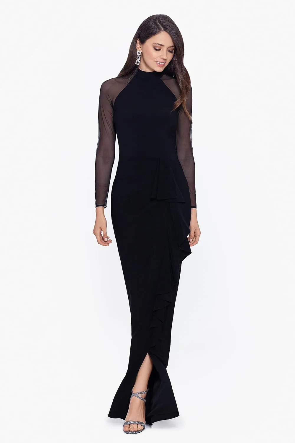 Betsy & Adam Women's Petite Long Stretch Illusion Sleeve Mock Neck Dress