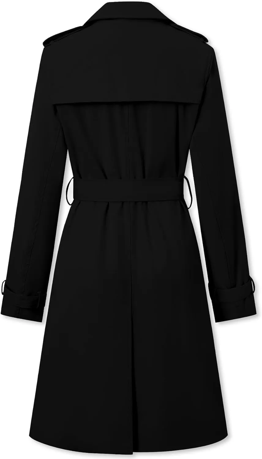 Betusline Women's Long Double-Breasted Waterproof Trench Coat with Belt