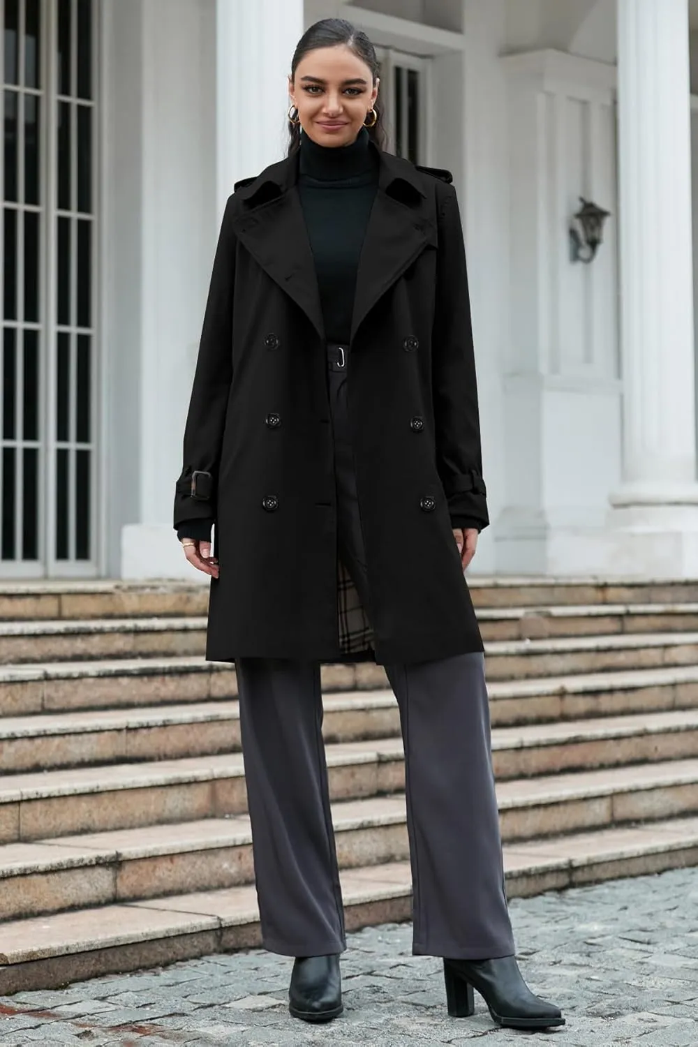 Betusline Women's Long Double-Breasted Waterproof Trench Coat with Belt