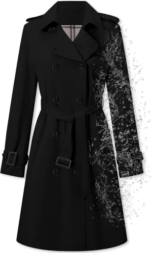 Betusline Women's Long Double-Breasted Waterproof Trench Coat with Belt