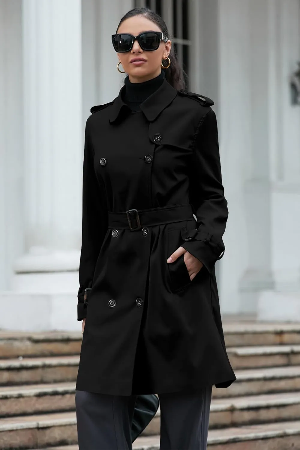 Betusline Women's Long Double-Breasted Waterproof Trench Coat with Belt