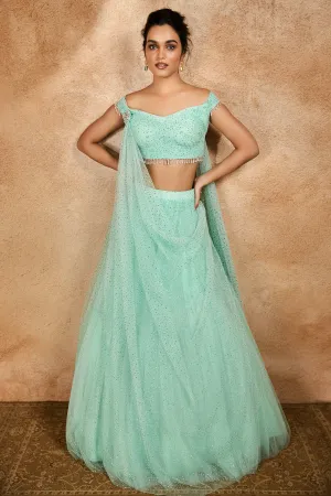 Blue Lehenga Set With Attached Drape Dupatta