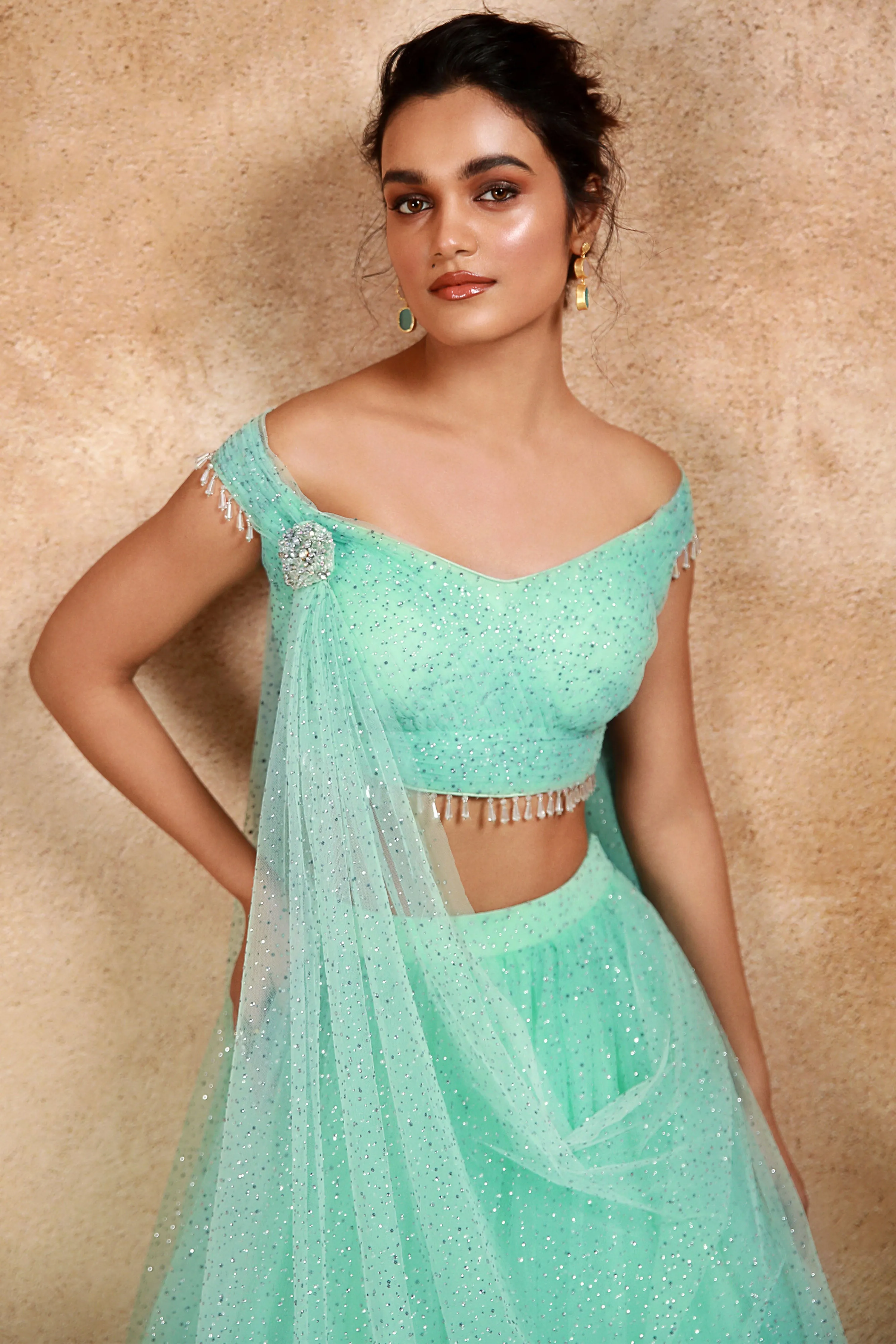 Blue Lehenga Set With Attached Drape Dupatta