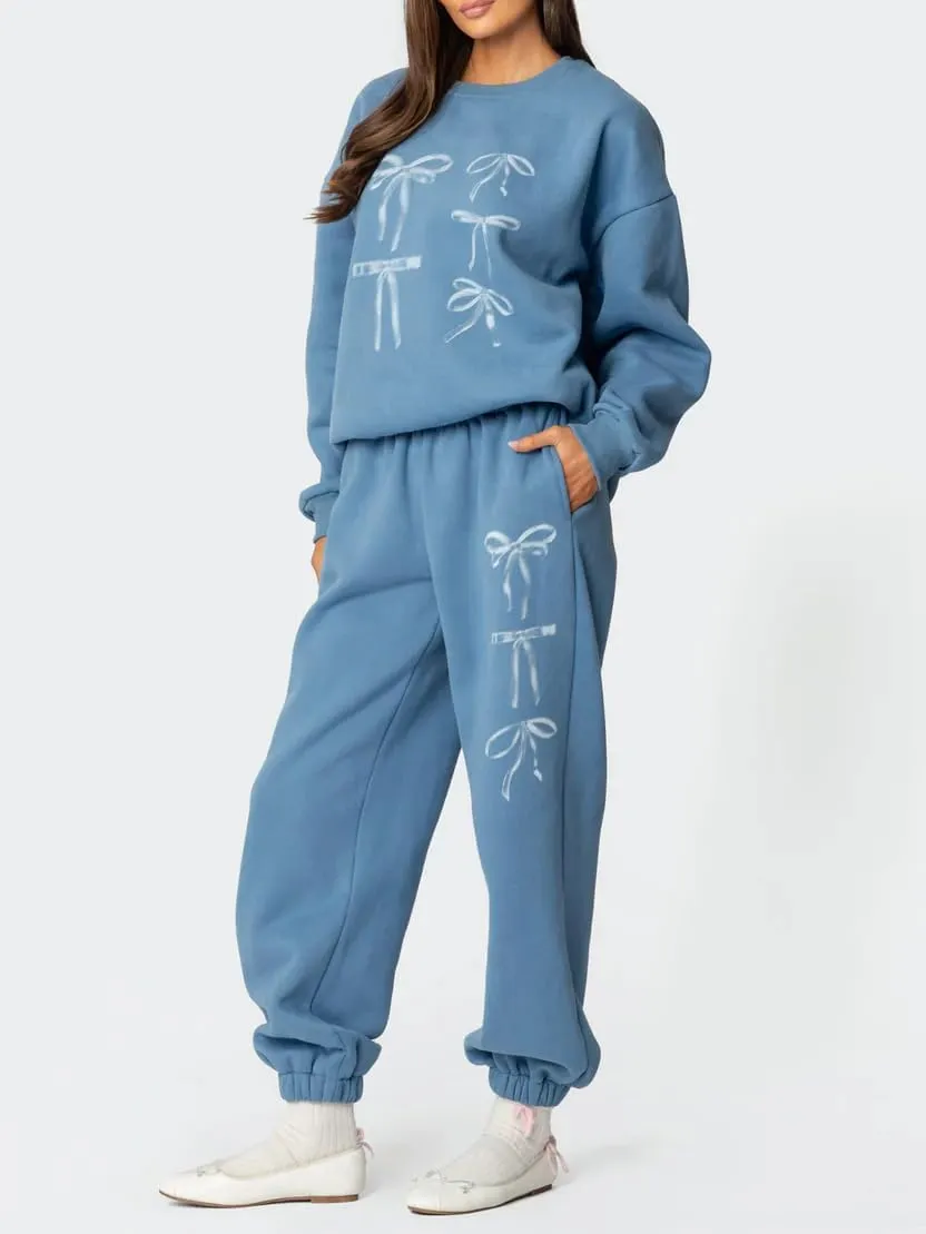 Bow Sweat Set for Women Sweatsuits 2 Piece Set Long Sleeve Oversized Hoodie Sweatpants Matching Tracksuit Preppy