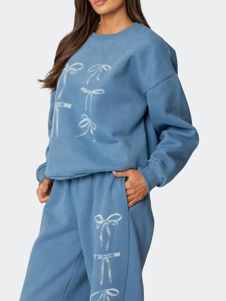 Bow Sweat Set for Women Sweatsuits 2 Piece Set Long Sleeve Oversized Hoodie Sweatpants Matching Tracksuit Preppy