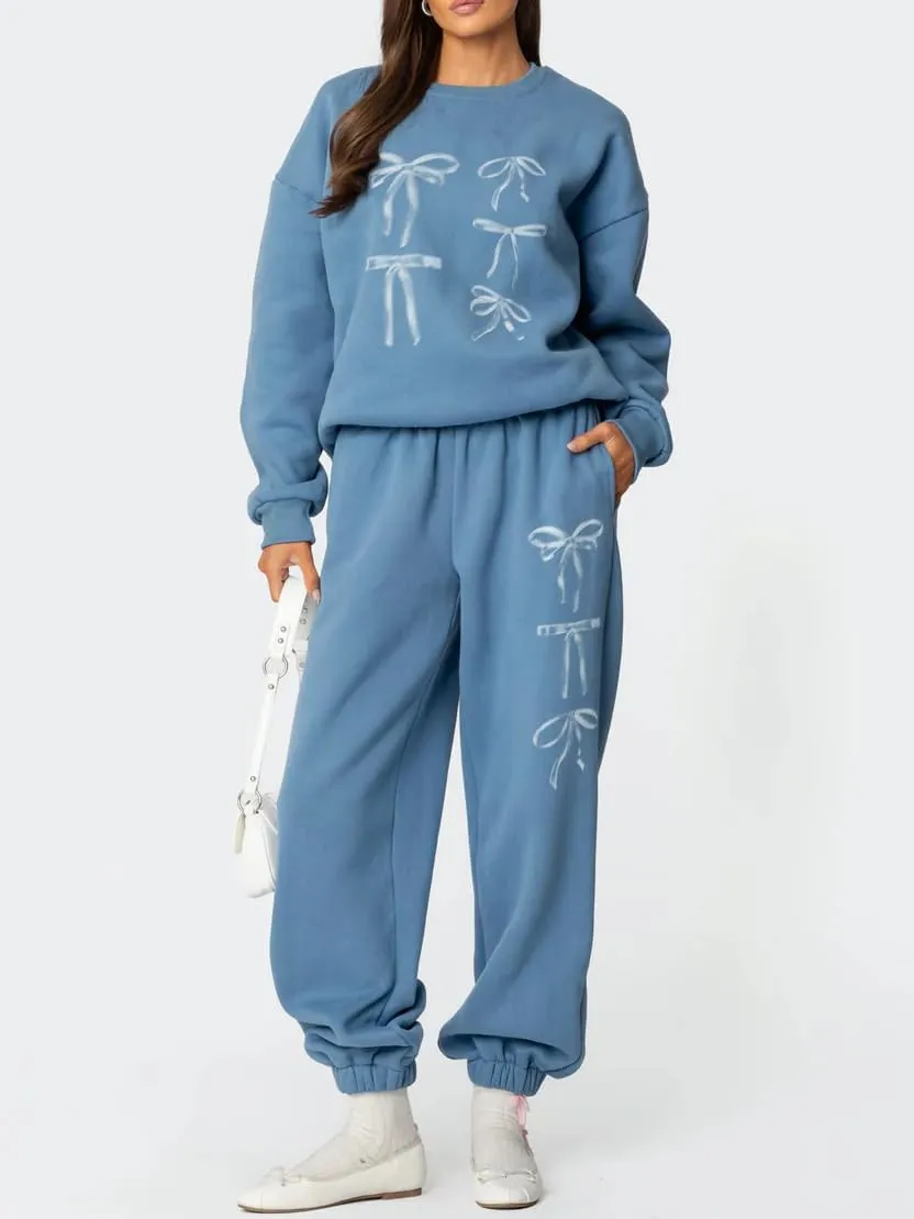 Bow Sweat Set for Women Sweatsuits 2 Piece Set Long Sleeve Oversized Hoodie Sweatpants Matching Tracksuit Preppy