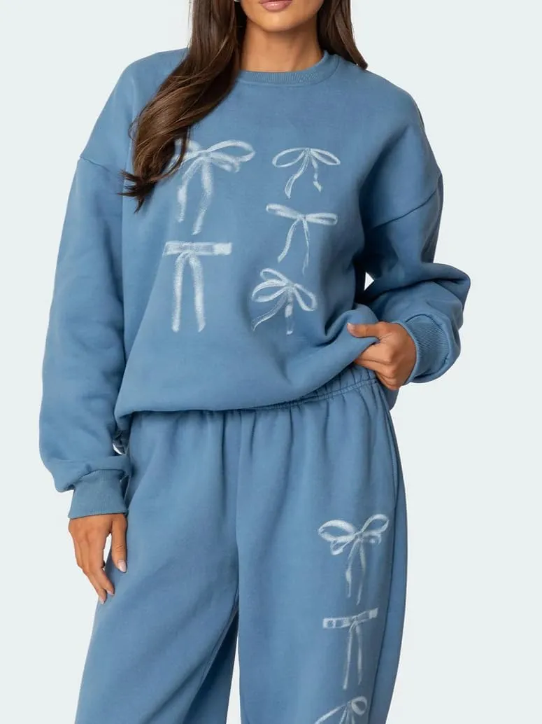 Bow Sweat Set for Women Sweatsuits 2 Piece Set Long Sleeve Oversized Hoodie Sweatpants Matching Tracksuit Preppy