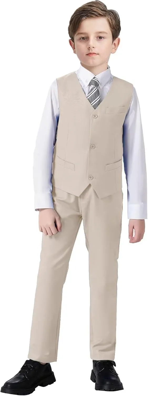 Boy 5-Piece Formal Suit Set Slim Fit Vest Pants Collared Dress Shirt Tie Kids Baby Boy Teen Ring Bearer Gentleman Outfits