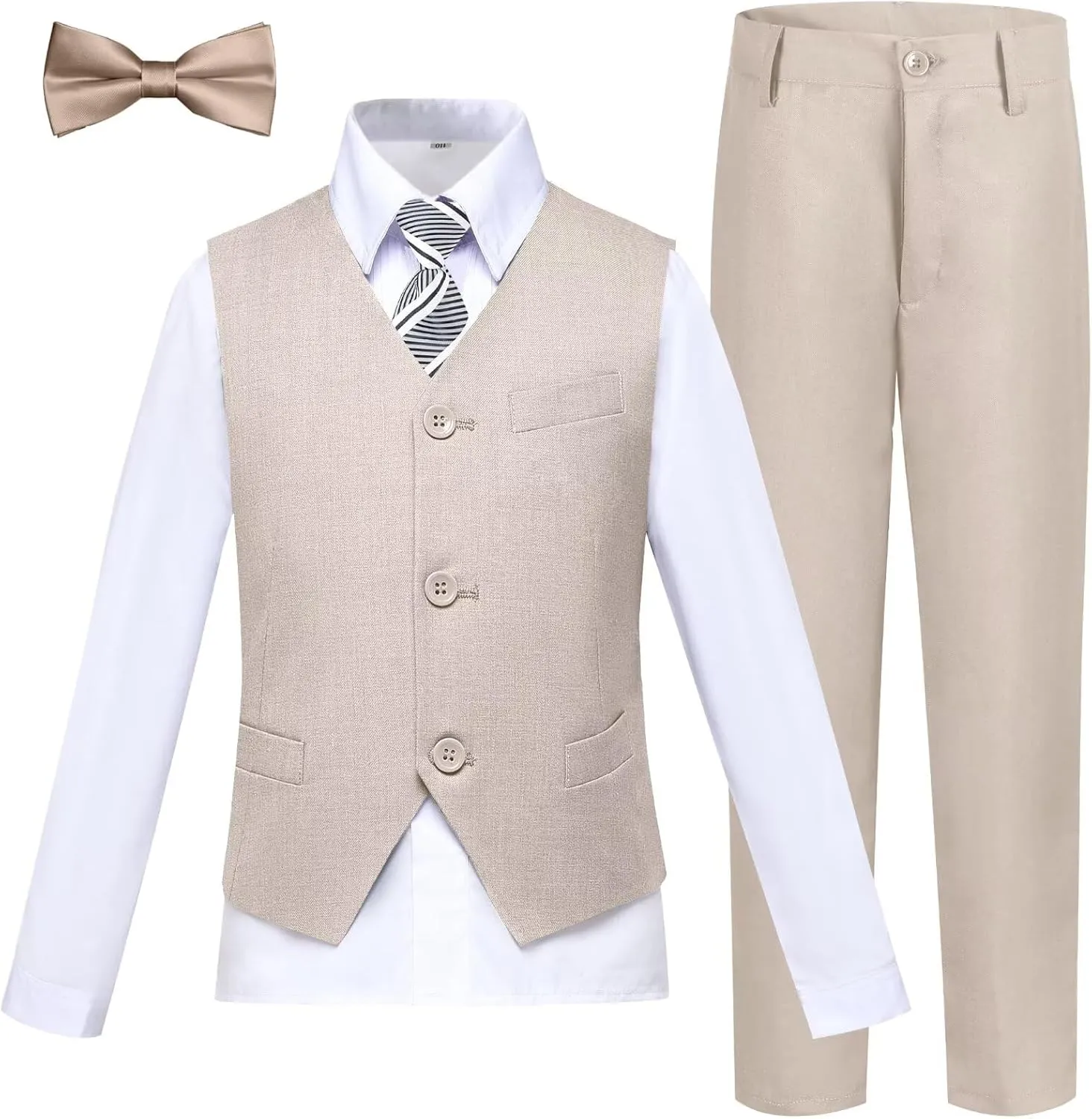 Boy 5-Piece Formal Suit Set Slim Fit Vest Pants Collared Dress Shirt Tie Kids Baby Boy Teen Ring Bearer Gentleman Outfits