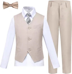 Boy 5-Piece Formal Suit Set Slim Fit Vest Pants Collared Dress Shirt Tie Kids Baby Boy Teen Ring Bearer Gentleman Outfits