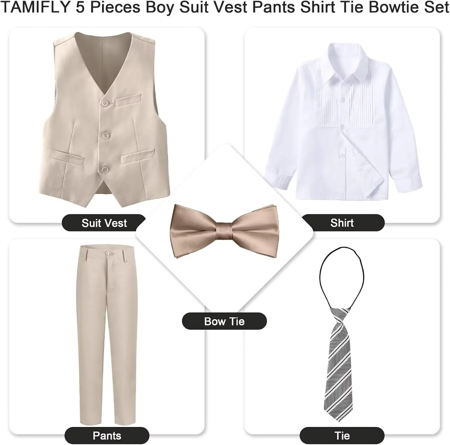 Boy 5-Piece Formal Suit Set Slim Fit Vest Pants Collared Dress Shirt Tie Kids Baby Boy Teen Ring Bearer Gentleman Outfits