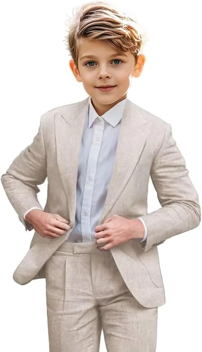 Boys Linen Suit 2 Piece Casual Suits for Toddler Boys Kids Summer Beach Wedding Linen Blazer Pants Set