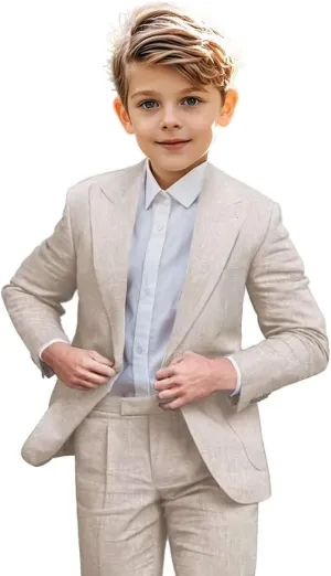 Boys Linen Suit 2 Piece Casual Suits for Toddler Boys Kids Summer Beach Wedding Linen Blazer Pants Set